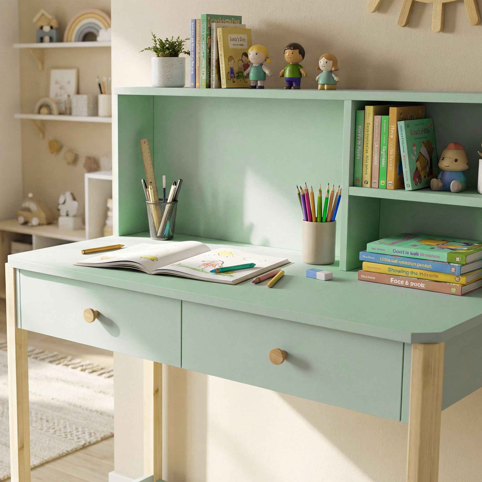 Children's Desk for Ages 5-12 with 3 Shelves and 2 Drawers, Wooden, 90x52x105 cm, Green