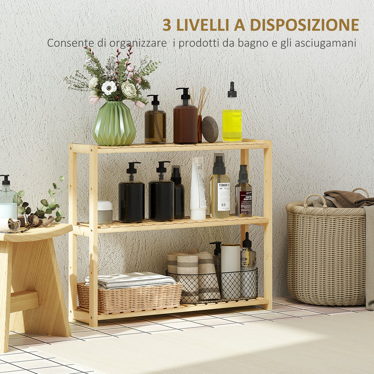 Bathroom Shelf with 3 Shelves Adjustable in 5 Positions, in Bamboo, 60x15x50 cm, color Wood