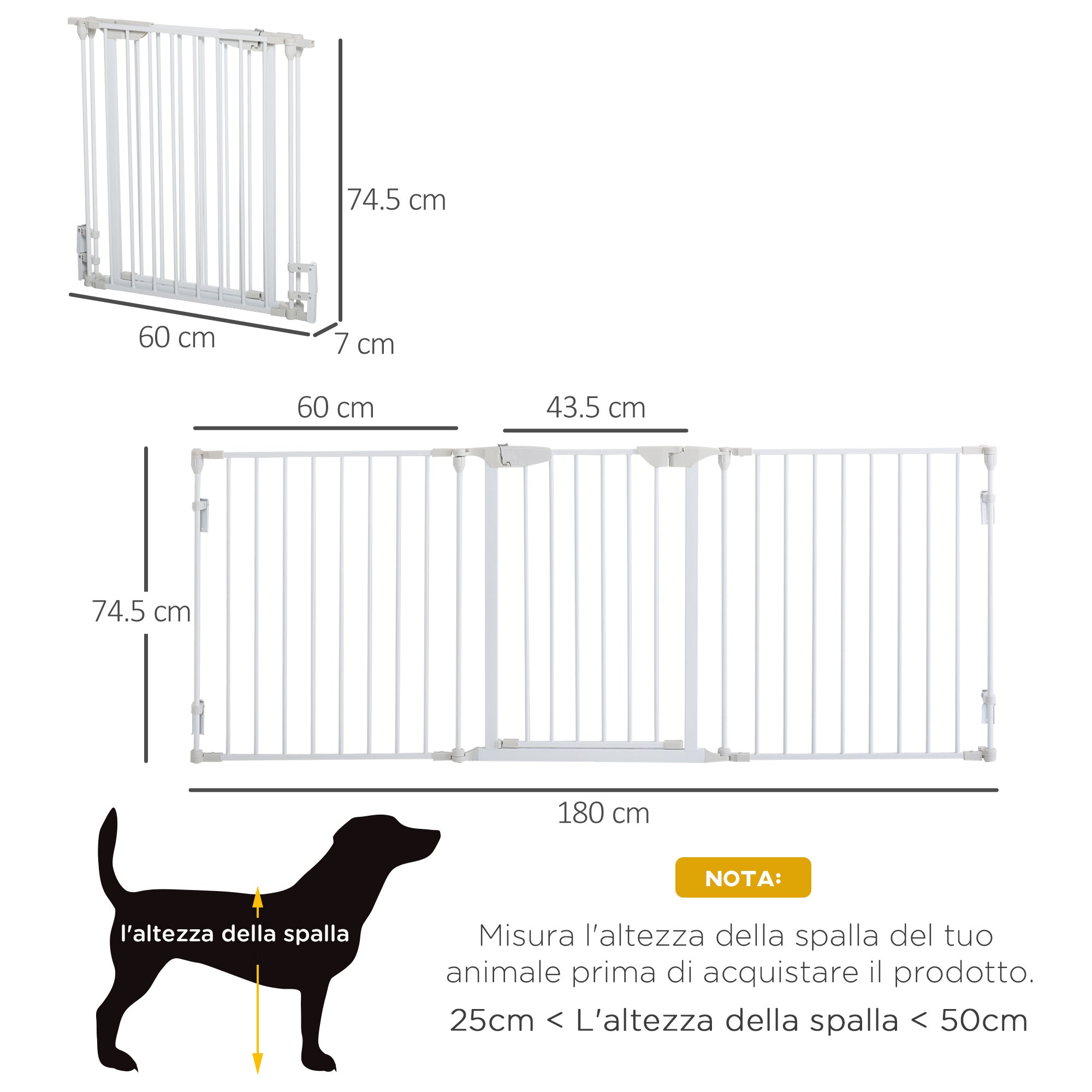 Self-Closing Dog Gate with Locking System, Metal and Plastic, 180x74.5 cm, White
