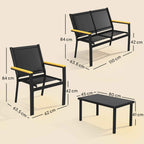 Outsunny 4-Piece Garden Furniture Set with Tempered Glass Coffee Table and 3 Teslin Fabric Seats, Black