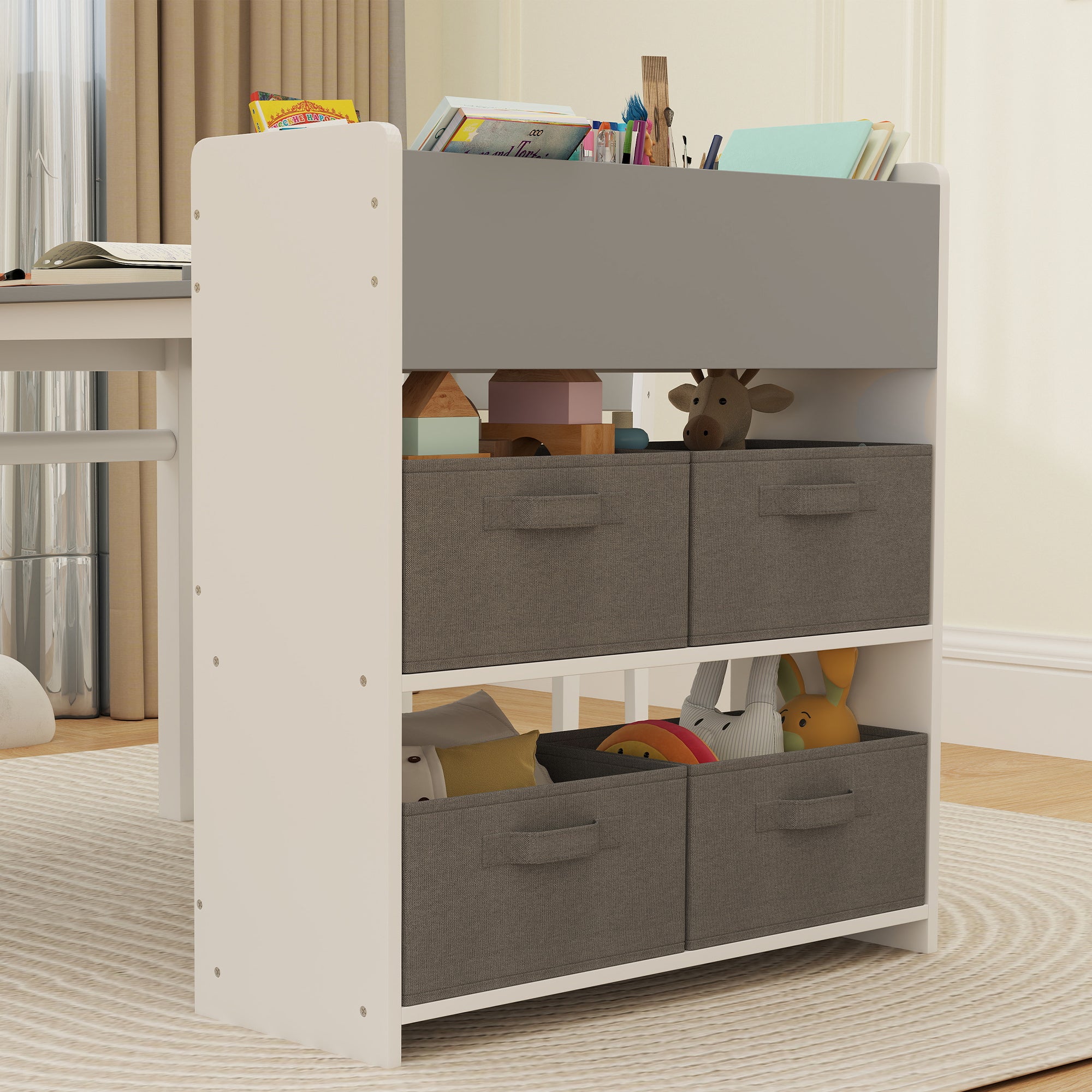 Children's Table and Chair Set with 2 Chairs and Storage Table, Made of Wood and Non-Woven Fabric, Grey and White