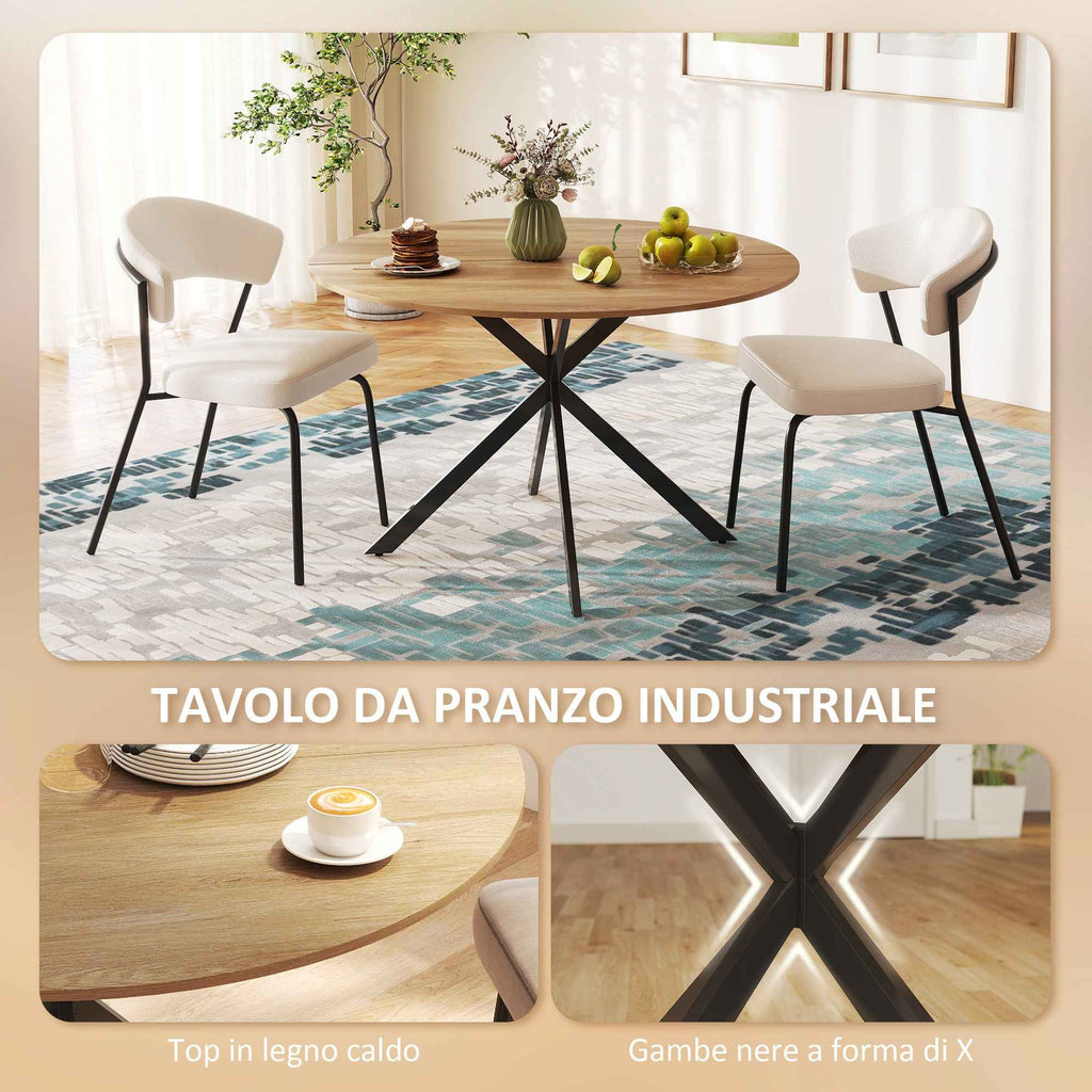 HOMCOM Industrial Style Round Dining Table with Steel Cross Legs, Ø120x75 cm, Oak Color
