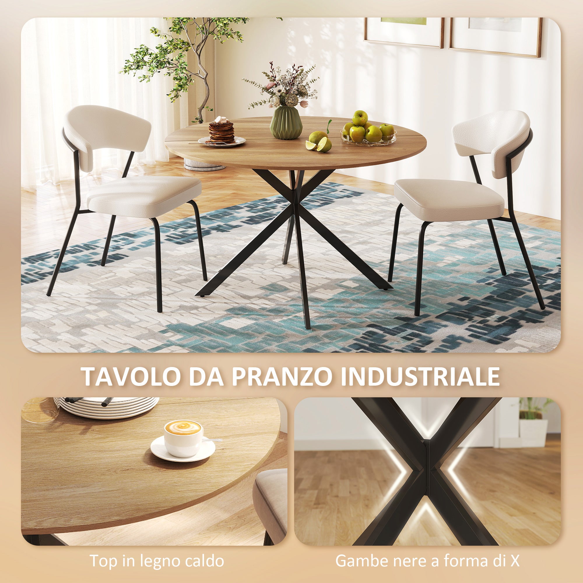 HOMCOM Industrial Style Round Dining Table with Steel Cross Legs, Ø120x75 cm, Oak Color