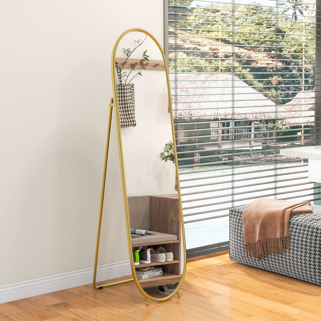 Oval Vertical Floor Mirror with Stand, in Glass and Metal, 40x41x159 cm, Gold Tone