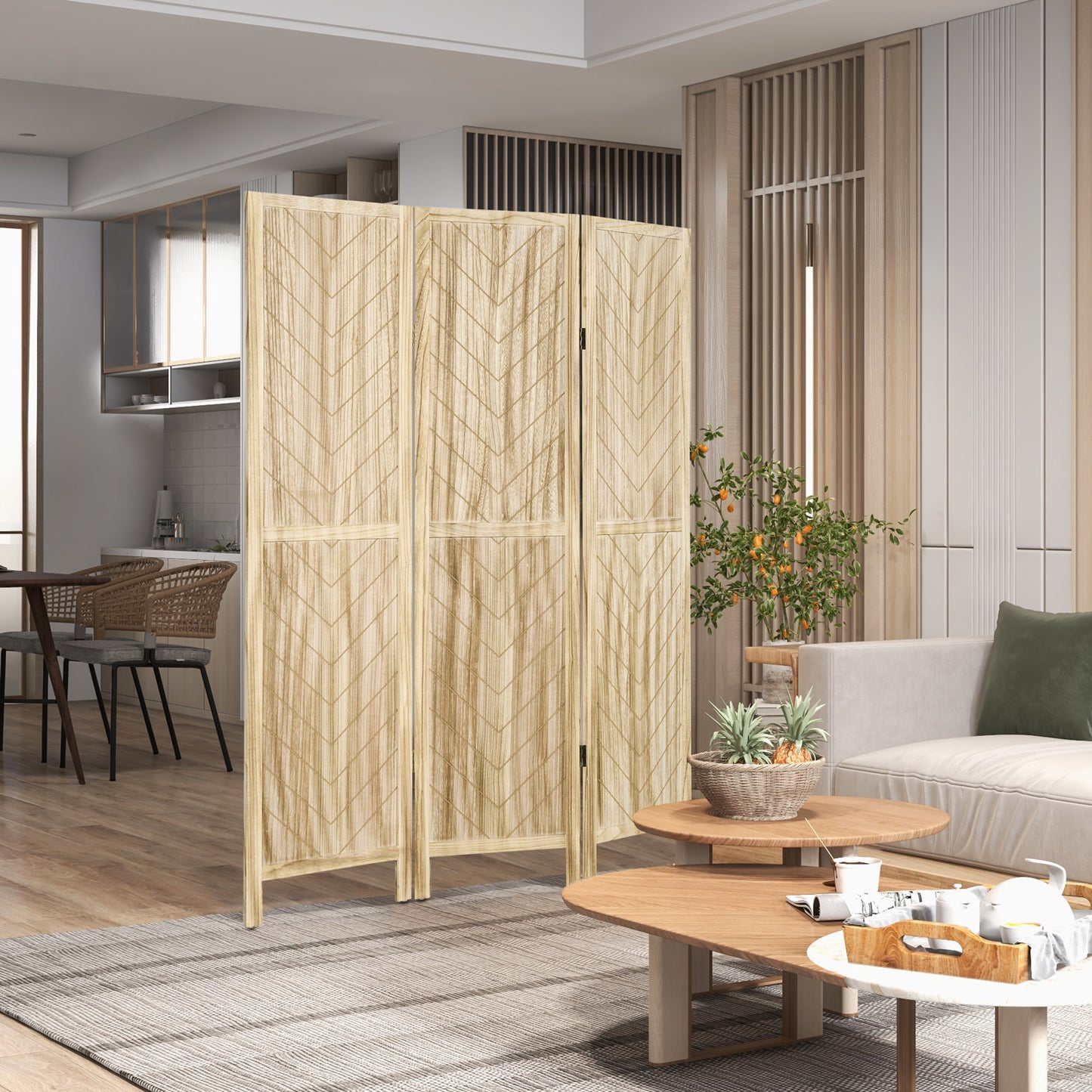 3-Panel Folding Herringbone Wooden Indoor Screen, 120x1.6x170cm