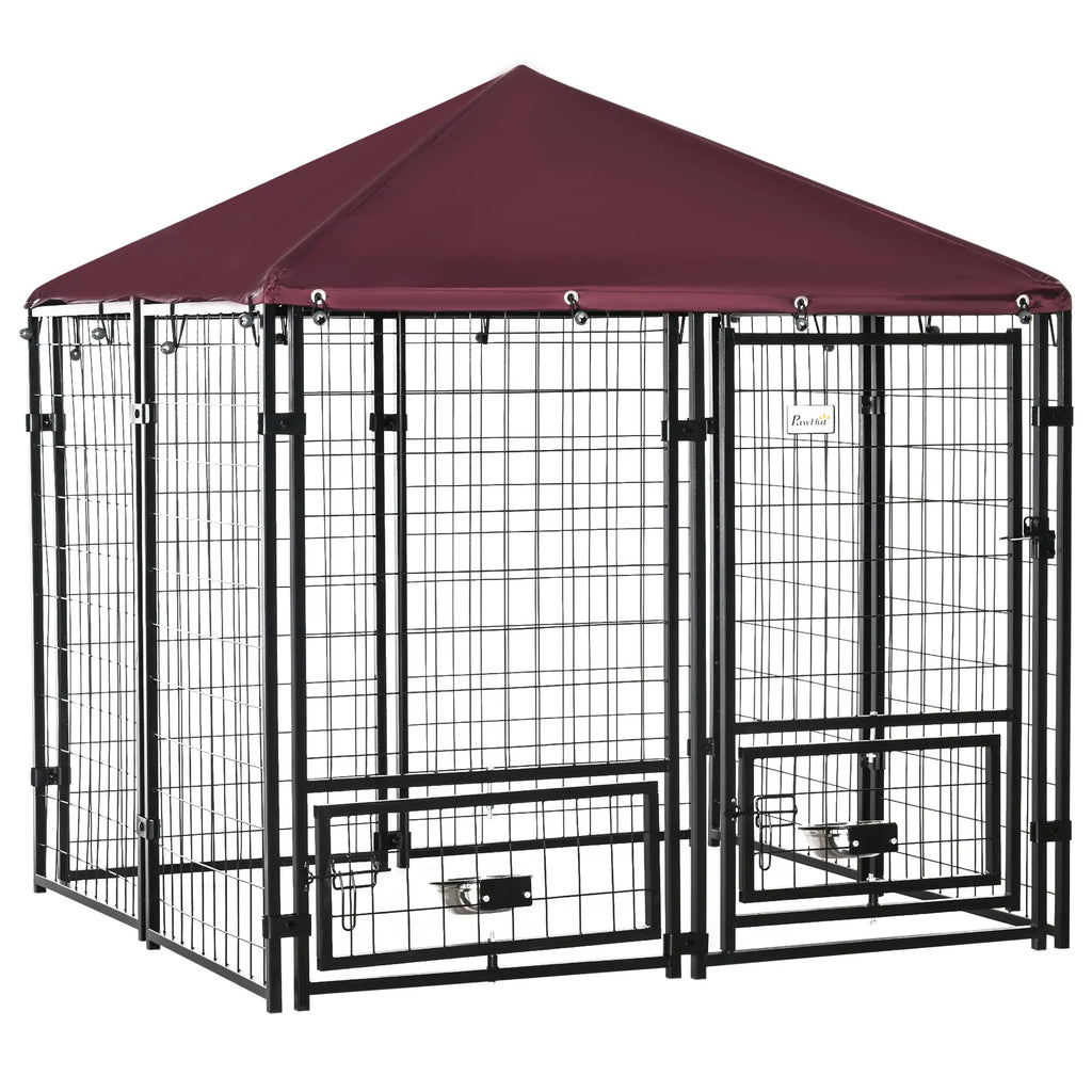 Lockable Outdoor Dog Playpen with 2 Rotating Bowls and Removable Cover, Black and Red