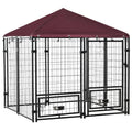 Lockable Outdoor Dog Playpen with 2 Rotating Bowls and Removable Cover, Black and Red - Borge' Group Limited