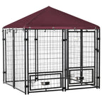 Lockable Outdoor Dog Playpen with 2 Rotating Bowls and Removable Cover, Black and Red