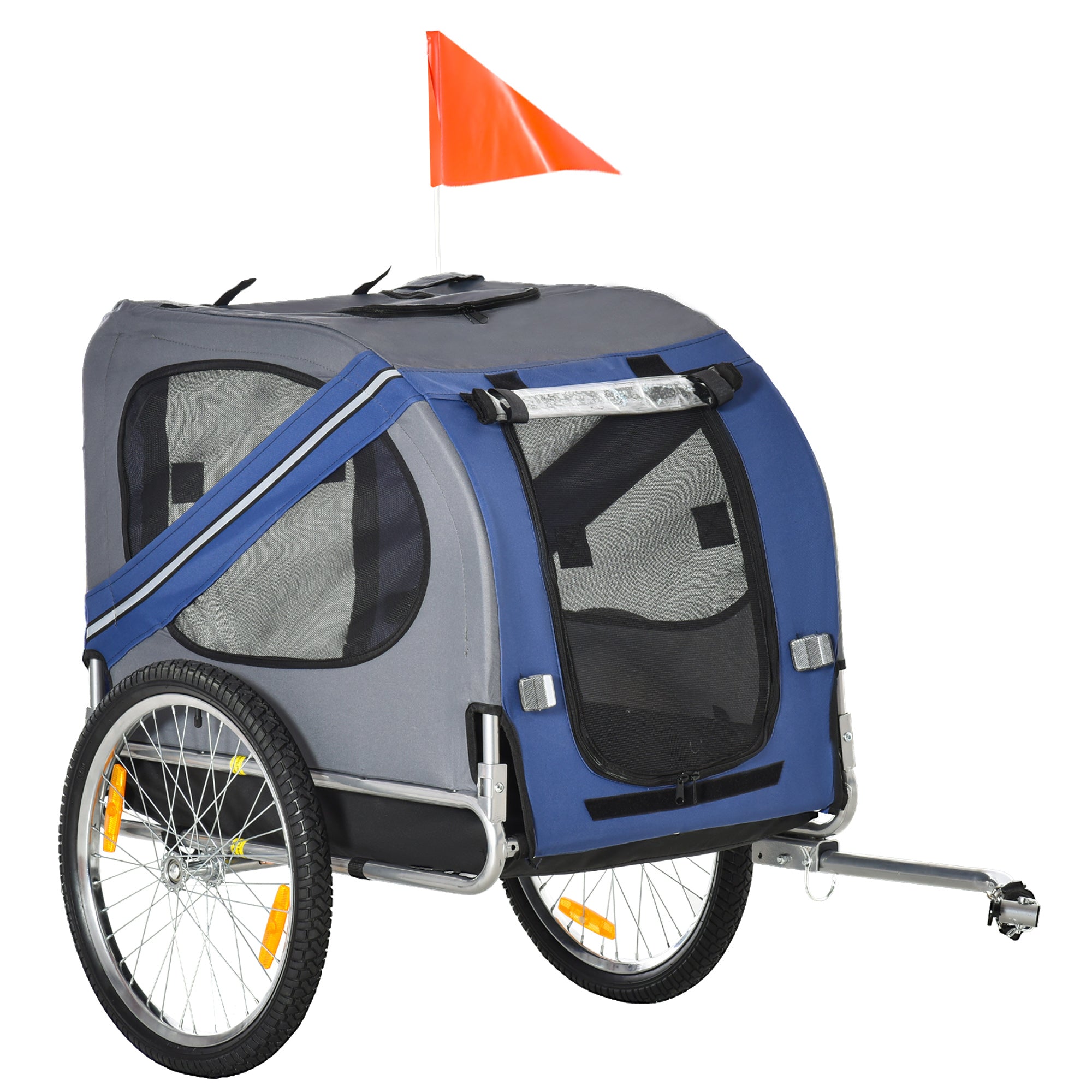 Pawhut bicycle trailer for dogs and cats 2 large 50cm wheels good ventilation flag safety flag resistant to blue and gray rail steel and oxford fabric - Borgè