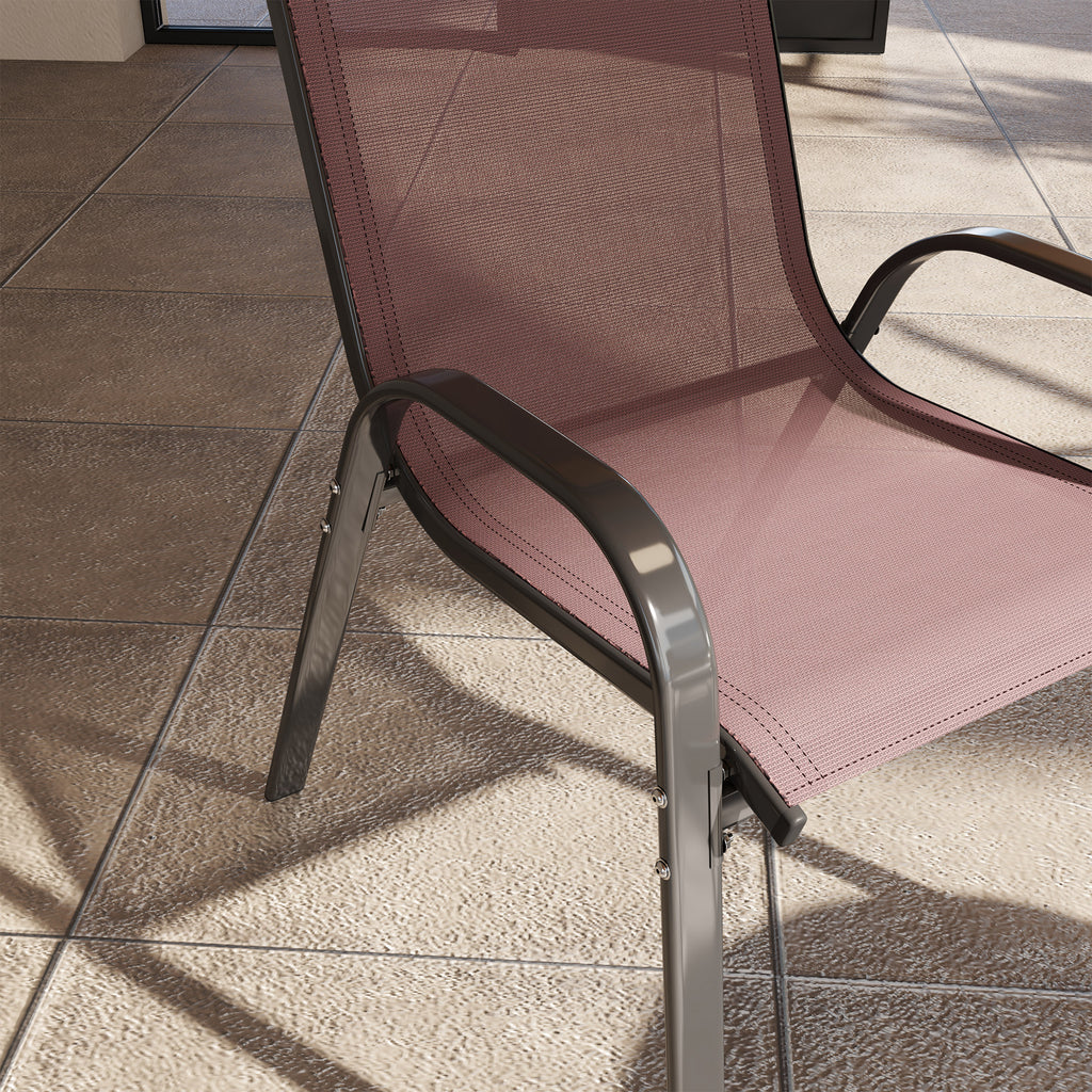 Set of 4 Stackable Garden Chairs with Curved Armrests, Steel and Breathable Fabric, 54x71x93 cm, Brown