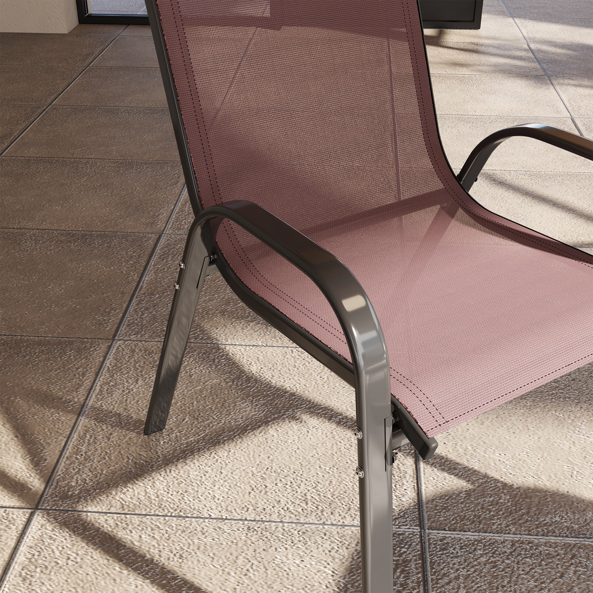 Set of 4 Stackable Garden Chairs with Curved Armrests, Steel and Breathable Fabric, 54x71x93 cm, Brown