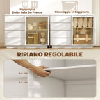 Wooden Buffet Sideboard with 4 Drawers and Cabinet with Glass Doors and Adjustable Shelves, 120x40x91 cm, White