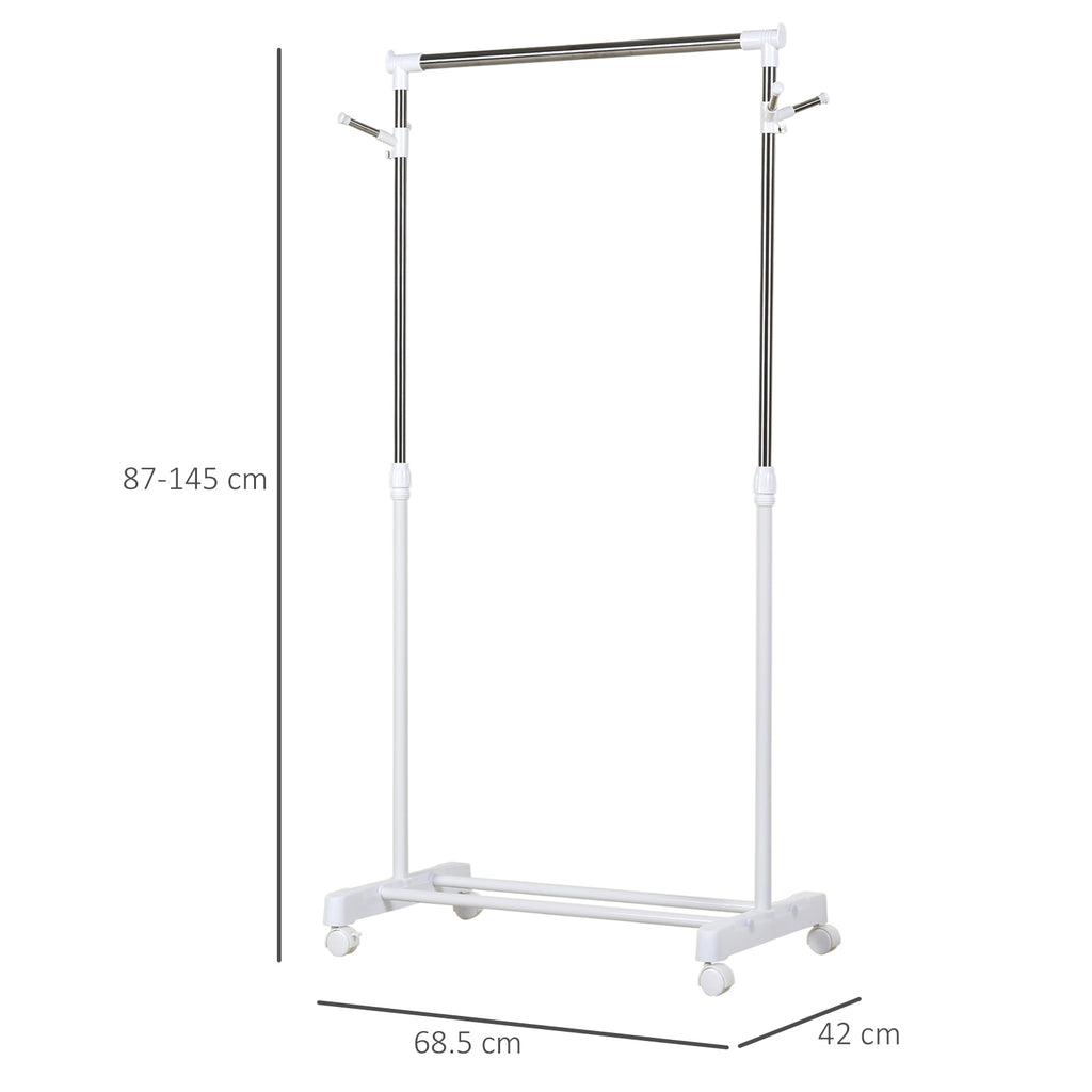 Adjustable Height Clothes Rail with Storage Base and 4 Wheels, 68.5x42x87-145 cm