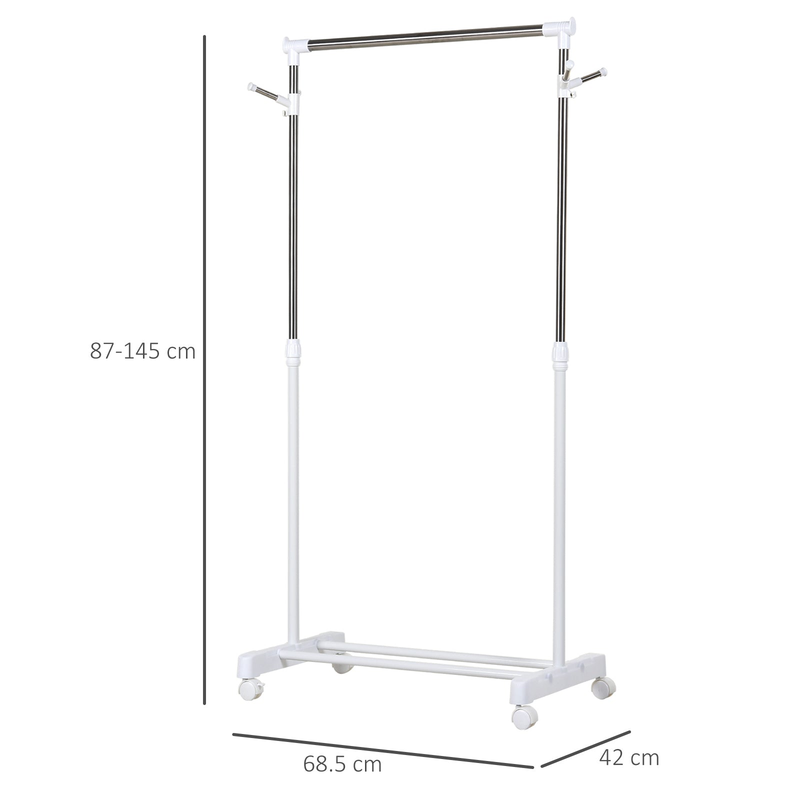 Adjustable Height Clothes Rail with Storage Base and 4 Wheels, 68.5x42x87-145 cm