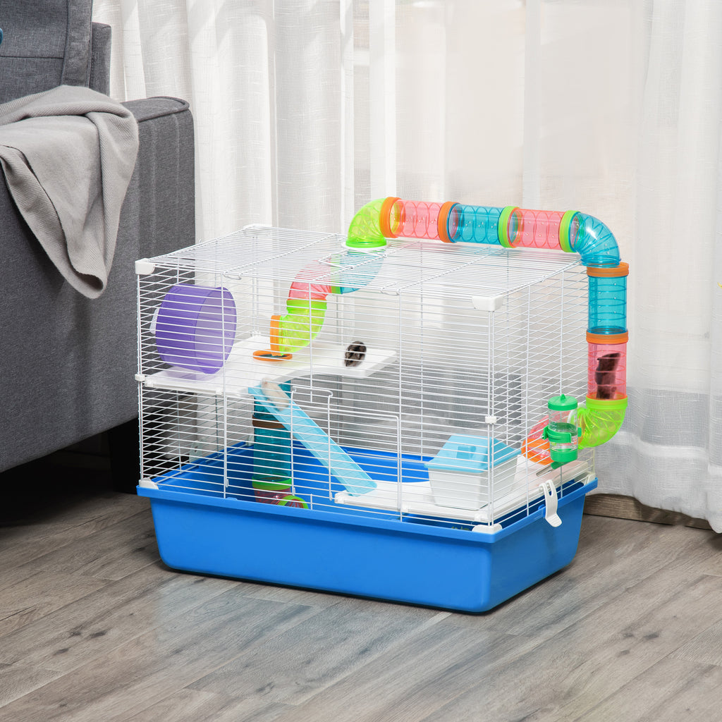 3-Tier Hamster Cage with Tunnel, House and Hamster Wheel, 59x36x47cm, Blue and White