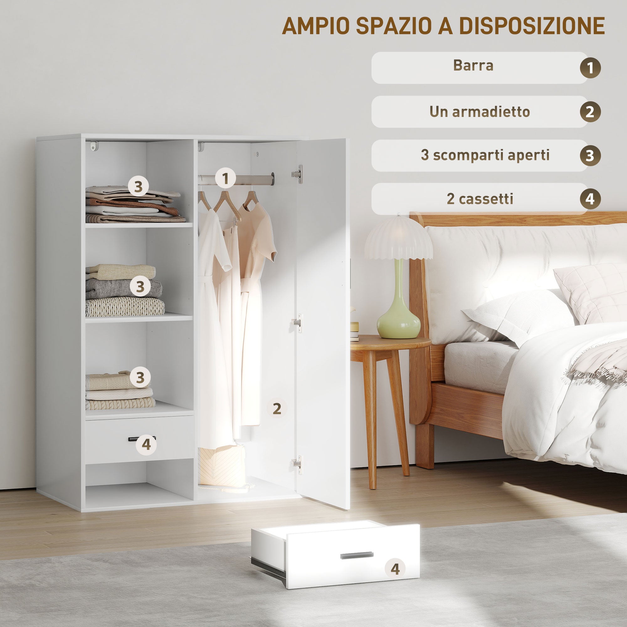 Modern Wardrobe with 2 Drawers, Open Shelves and Hanging Space, 80x50x124 cm, White