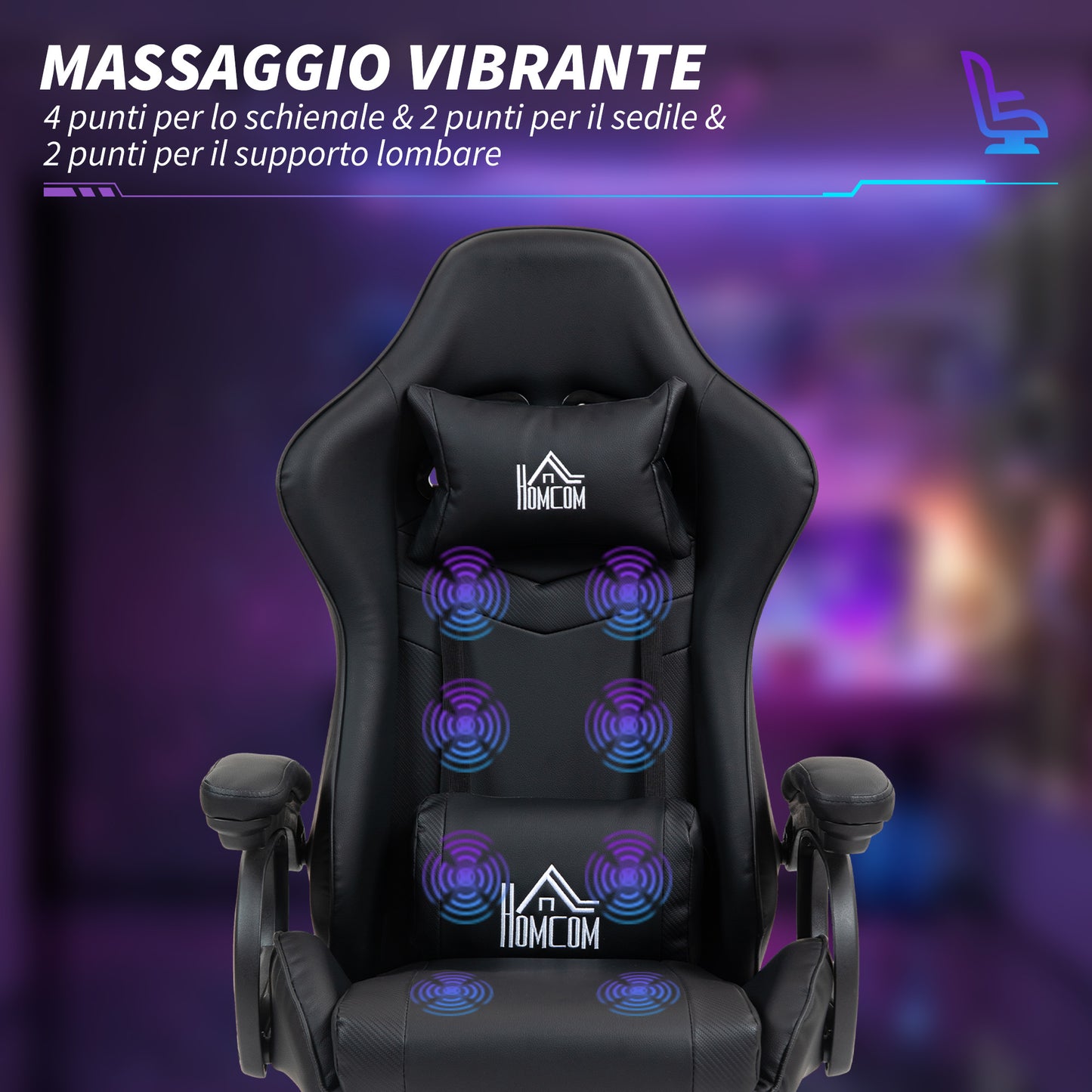 125° Reclining Gaming Chair with Massage in Faux Leather with Footrest, 65x68x120-128 cm, Black