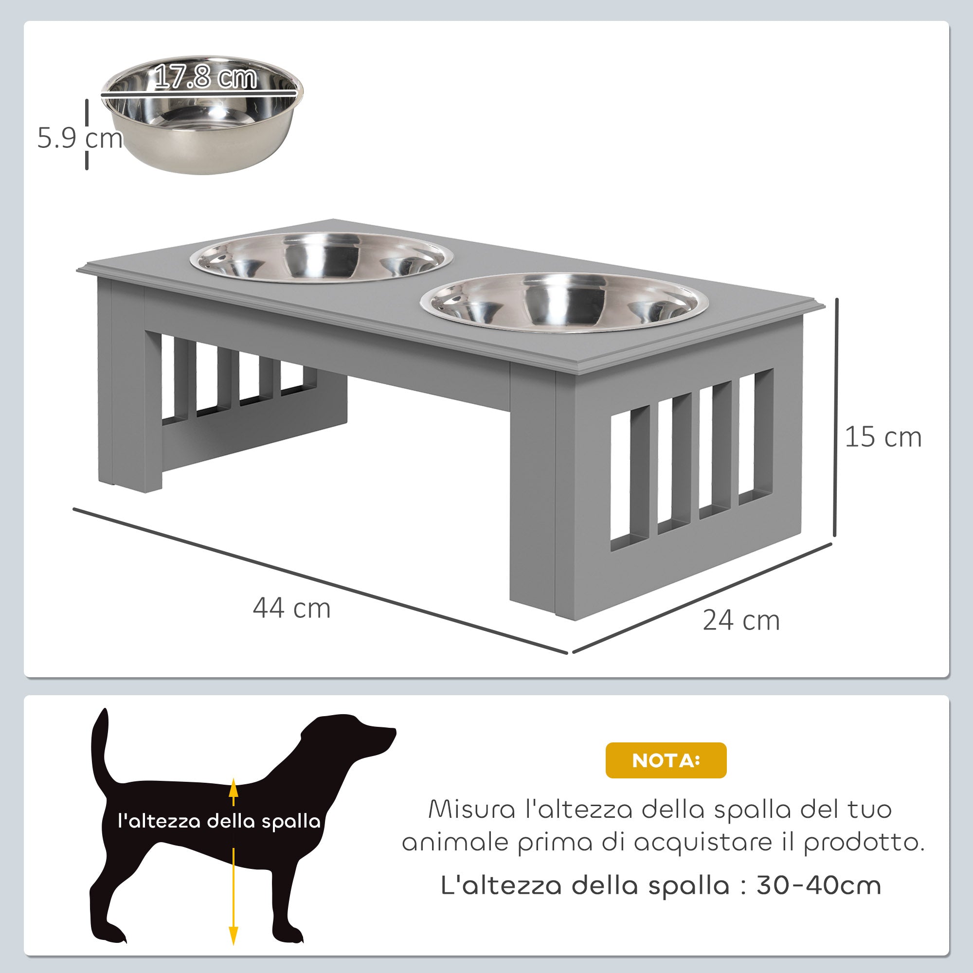 Raised Dog Bowls for Small Dogs, MDF Stand with 2 Steel Bowls, Grey