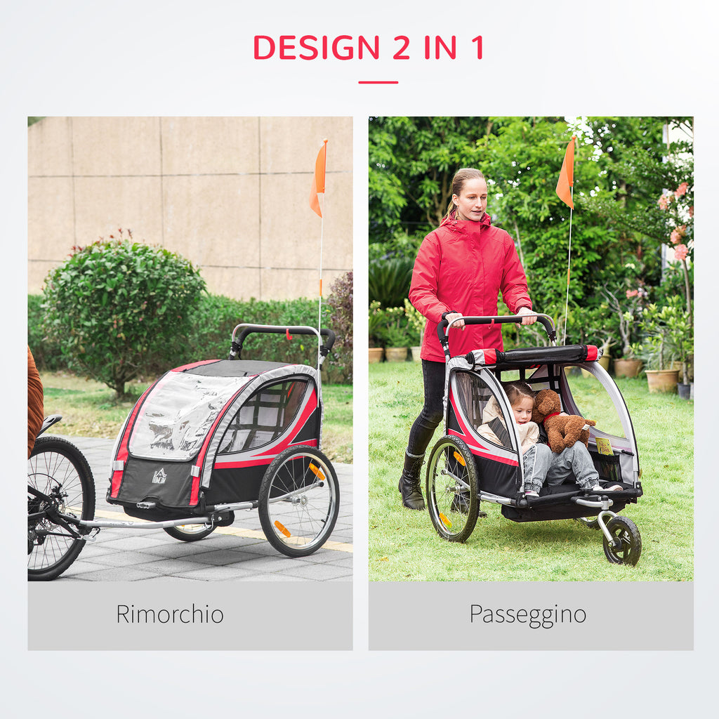 Kids Bike Trailer and Stroller, 2-in-1 Design with Brake, 5-Point Harness, Bicycle Trailer with Side Pockets, Reflectors and Flag, Red
