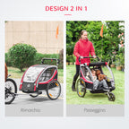 Kids Bike Trailer and Stroller, 2-in-1 Design with Brake, 5-Point Harness, Bicycle Trailer with Side Pockets, Reflectors and Flag, Red
