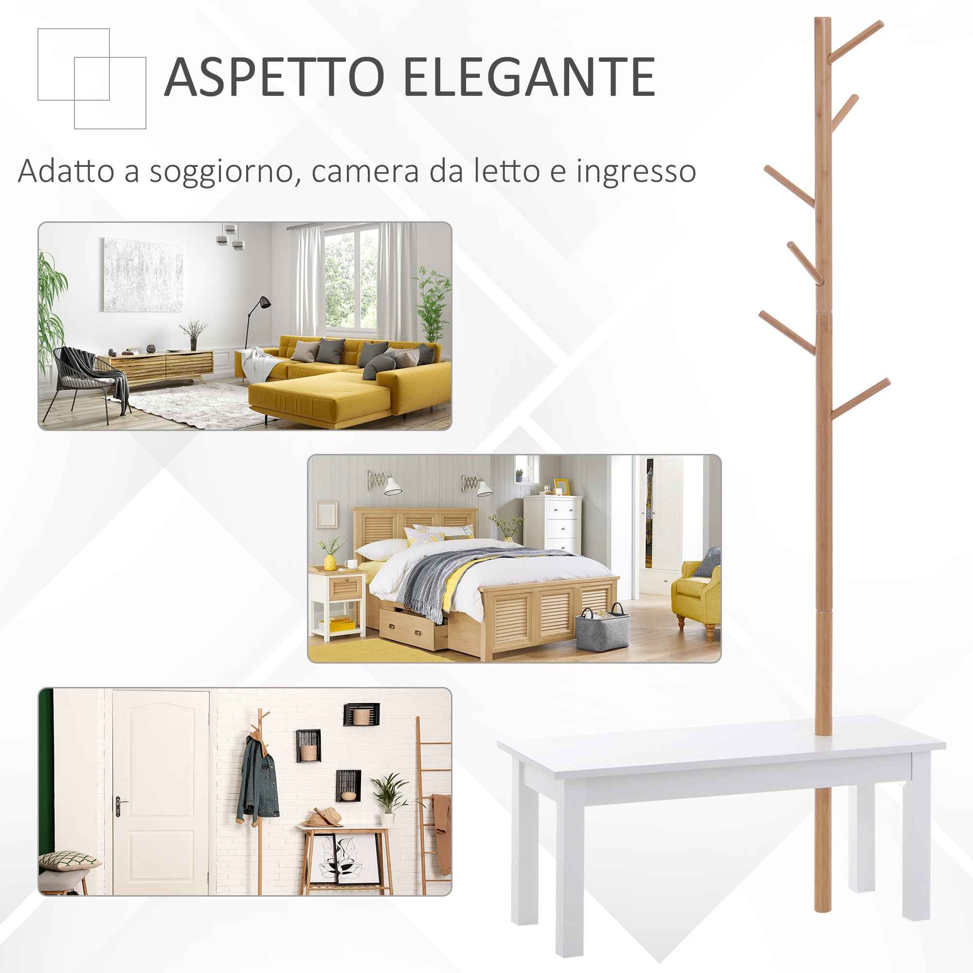 HOMCOM Hallway Bench with Coat Rack, Bamboo Floor-Standing Coat Stand, White Hallway Bench, Design, Also for Bedroom, 80x30x180cm, White Wood
