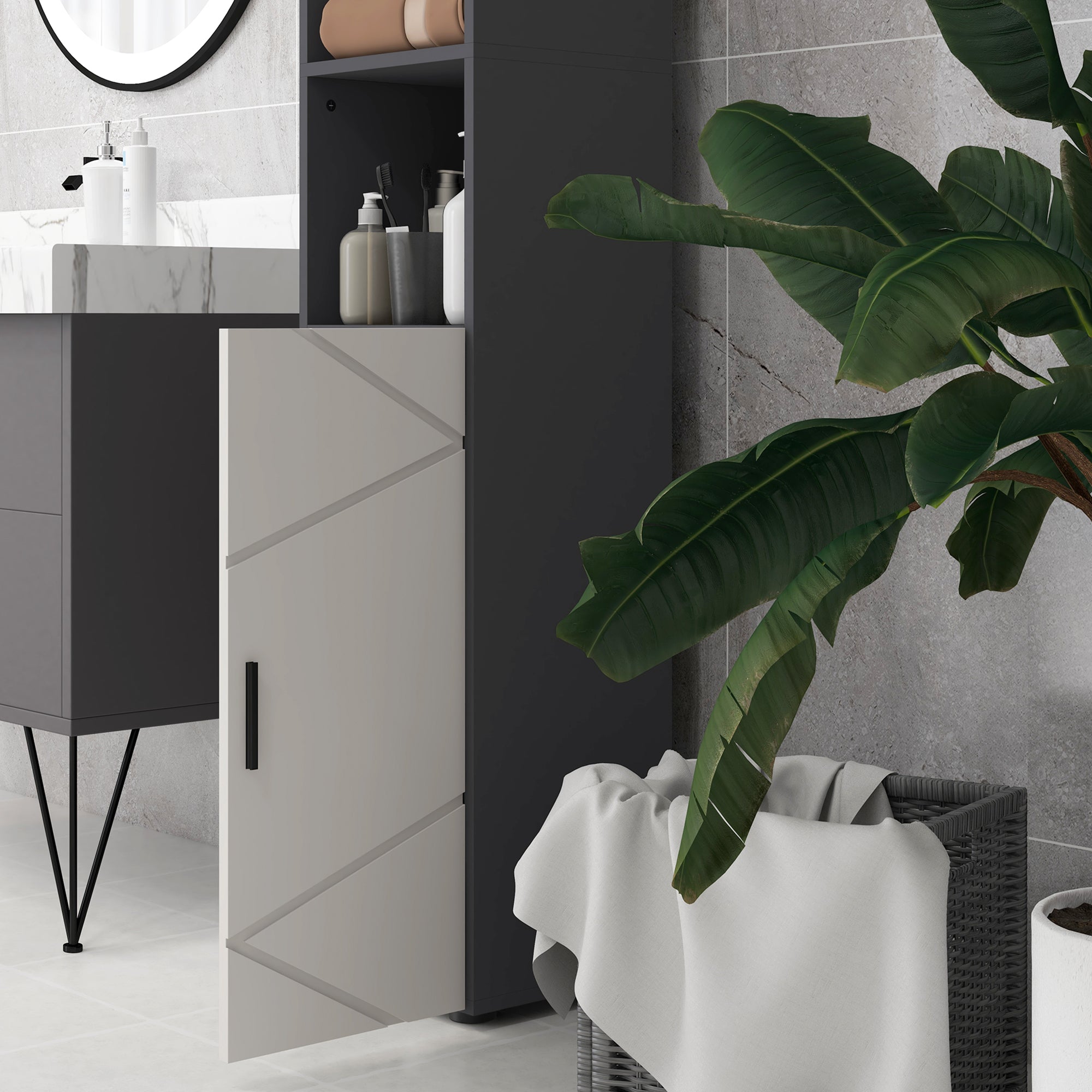 kleankin Bathroom Column in Chipboard with 2 Open Shelves and 2 2-Tier Cabinets, 30x30x183 cm, Gray - Borgè