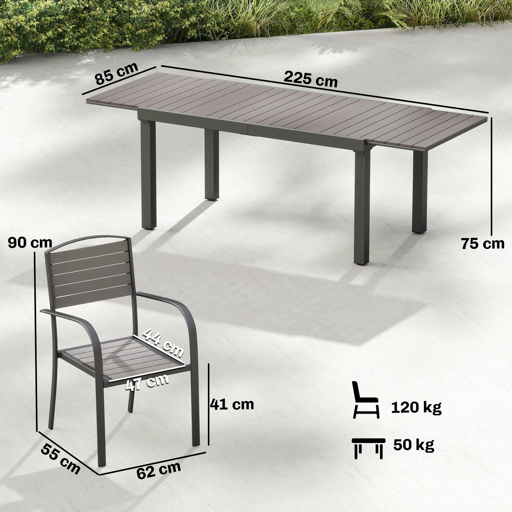 9-Piece Extendable Outdoor Dining Set, Aluminum Table, 8 Chairs, Gray