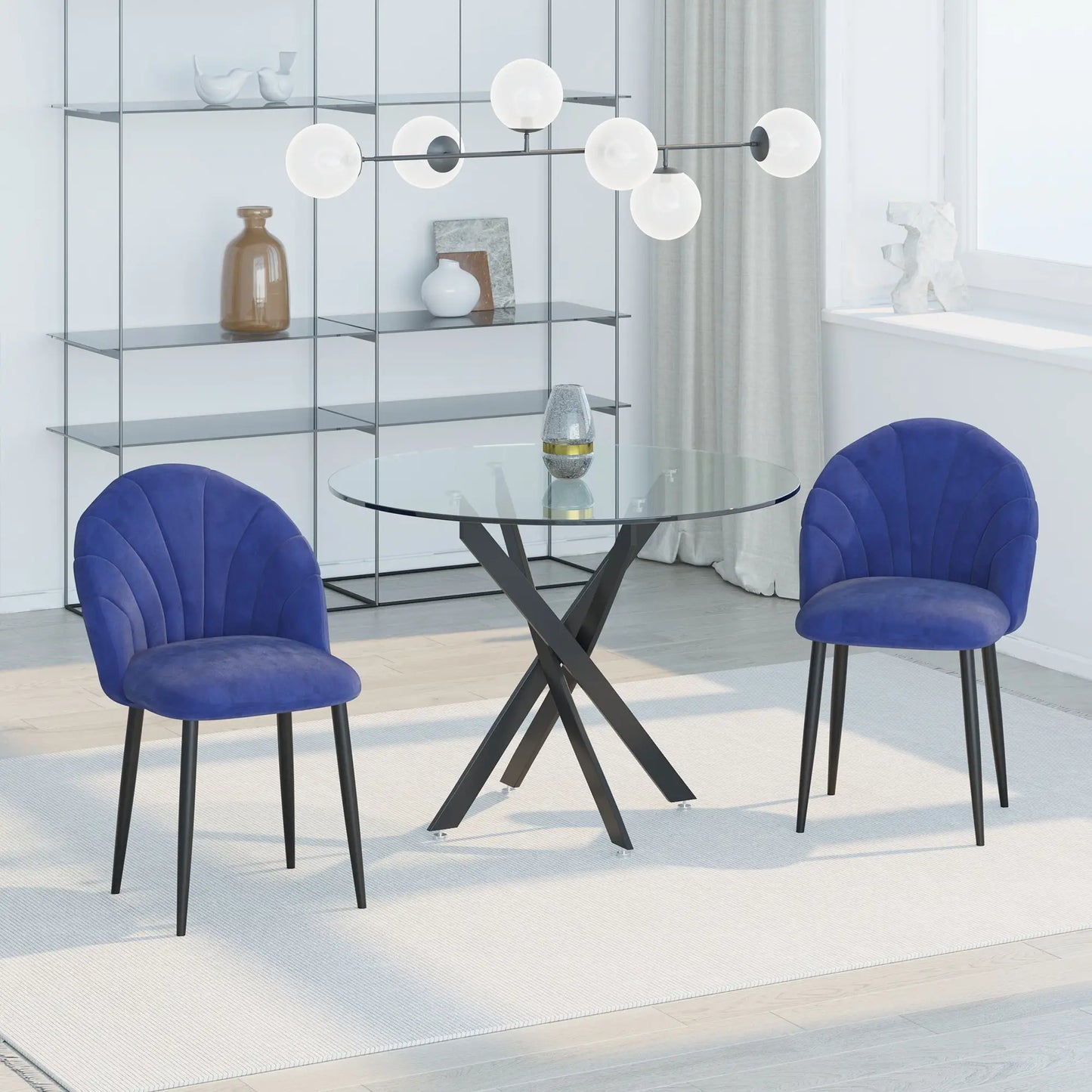 Set of 2 Nordic and Ergonomic Dining Chairs, Metal and Blue Velvet Kitchen and Living Room Chairs, 52x54x79 cm