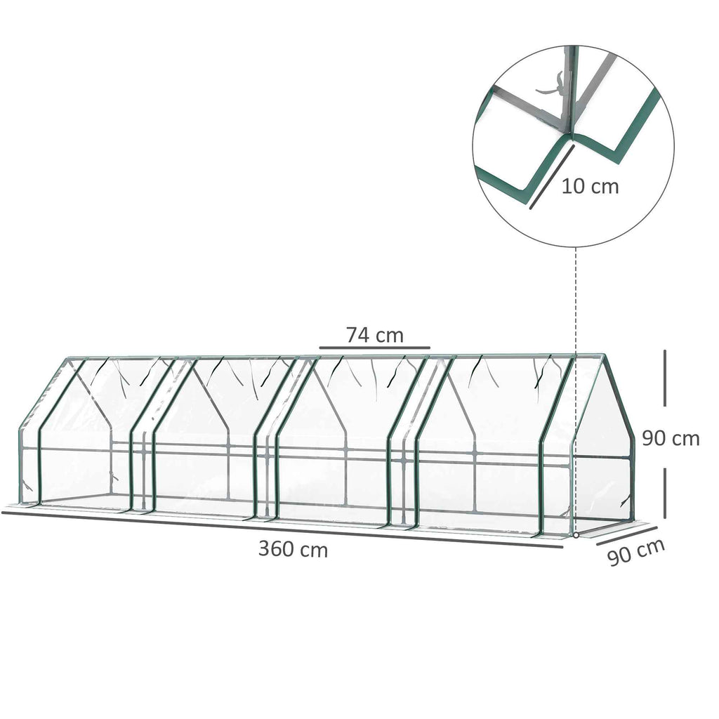 Outsunny 4-Door Roll-Up Mini Garden Greenhouse with Extended Cover, Steel and PE, 360x90x90 cm, Transparent