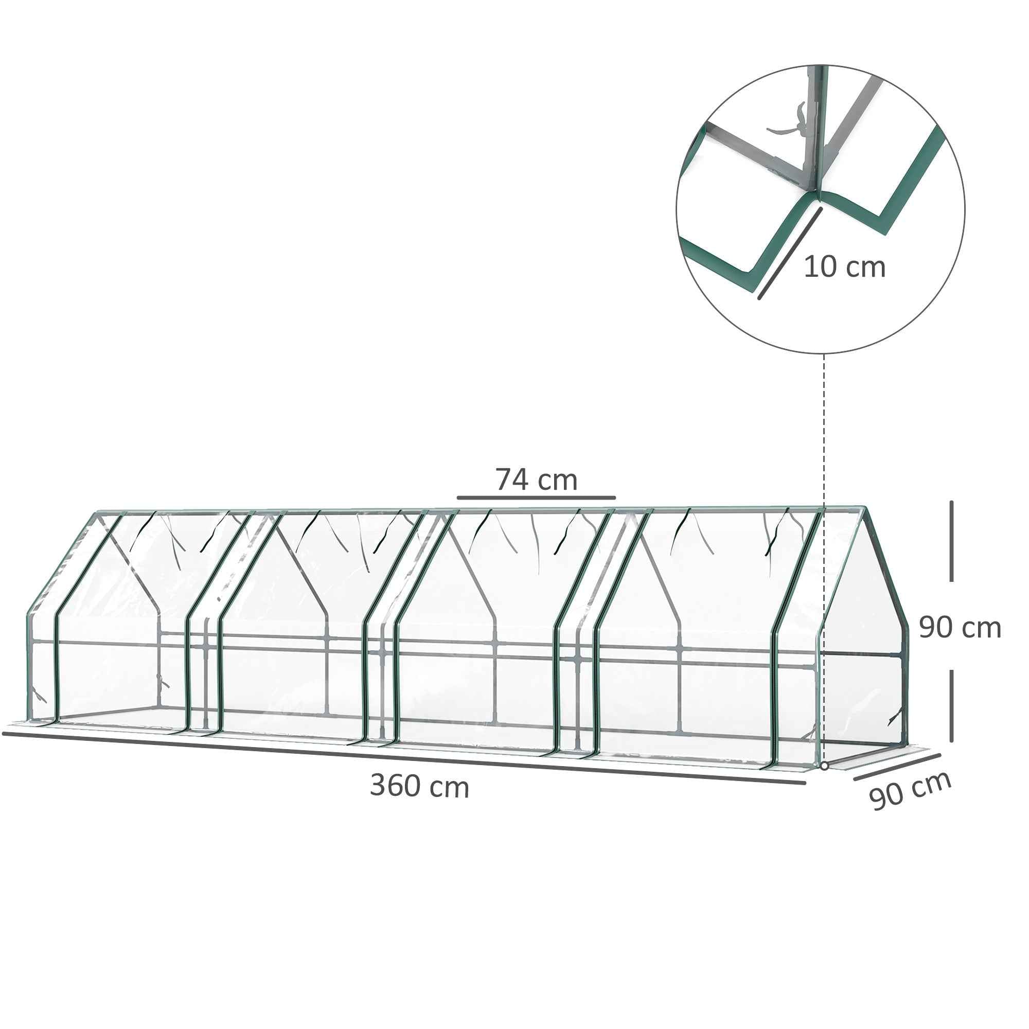 Outsunny 4-Door Roll-Up Mini Garden Greenhouse with Extended Cover, Steel and PE, 360x90x90 cm, Transparent