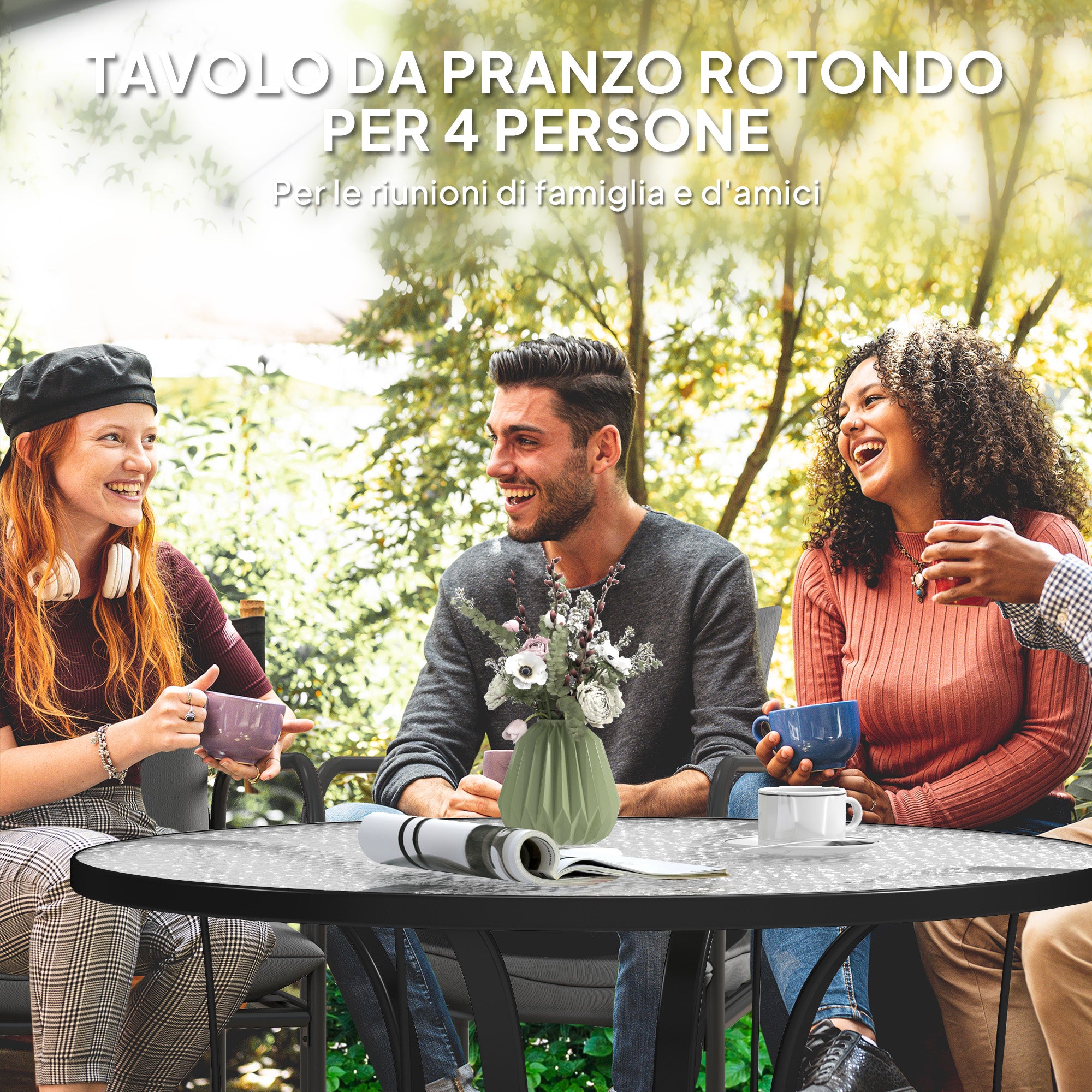 Round Garden Table with Umbrella Hole, in Metal and Tempered Glass, Ø96.5x71 cm, Black