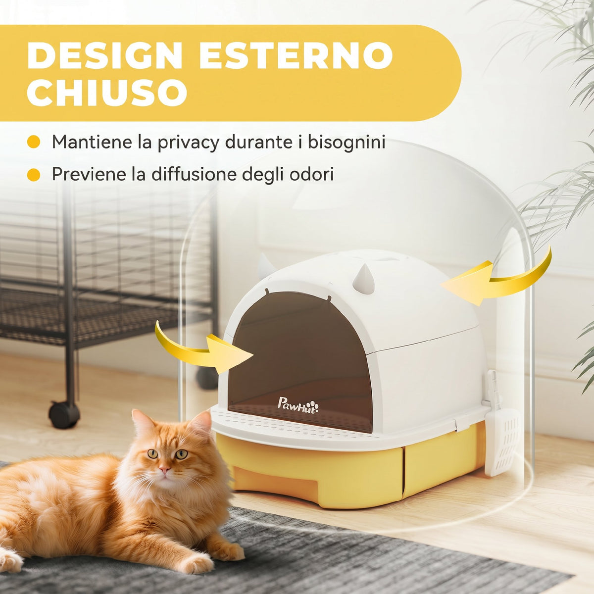 PawHut Enclosed Cat Litter Box with Removable Tray, Handle, Scoop and 2 Activated Carbon Filters, Yellow