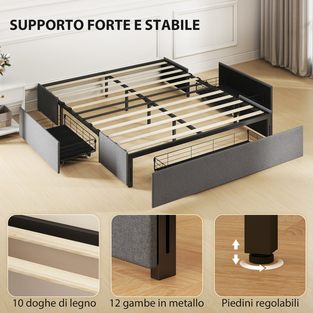 Double Bed Frame with Slats and 3 Drawers, in Wood, Polyester and Metal, 165x193x30 cm, Grey