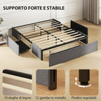 Double Bed Frame with Slats and 3 Drawers, in Wood, Polyester and Metal, 165x193x30 cm, Grey