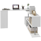 Modern Corner Swivel Desk with Bookcase, White Chipboard Dining Table, 140x120x78 cm