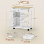 Bamboo Kitchen Cart with 2 Drawers, Cabinet, Shelf and 2 Steel Baskets, 67x35x80 cm, White