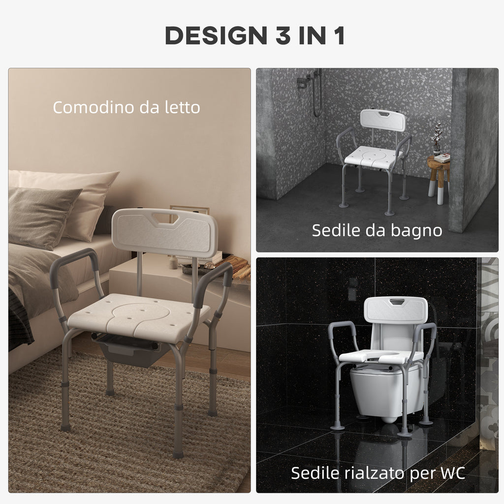 3-in-1 Shower Chair with Backrest and Armrests, Adjustable Height and Non-Slip Feet, White