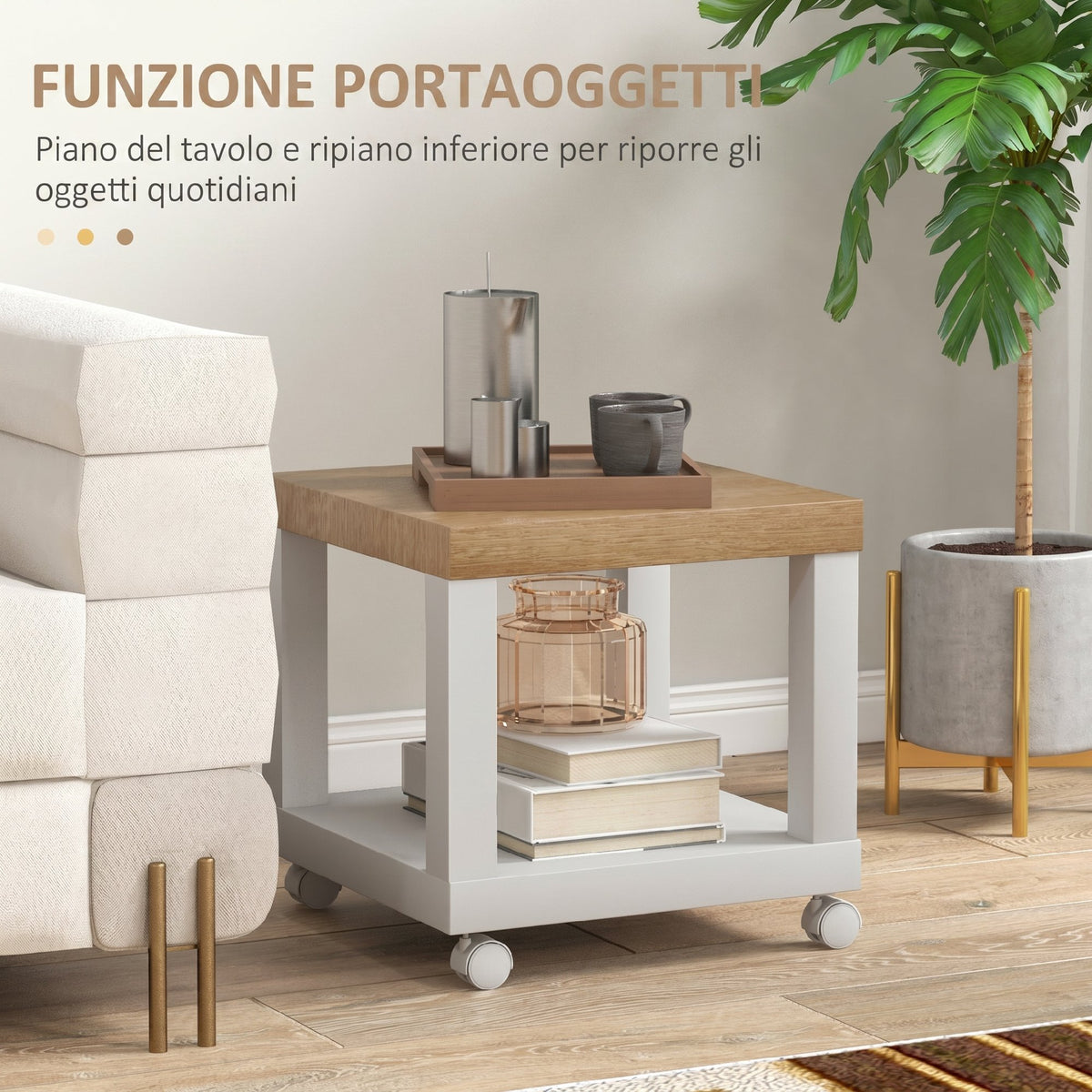 HOMCOM Coffee Table with Castors and Open Shelf, for Sofa, Bedroom or Living Room, 40x40x40 cm, Natural Wood and White