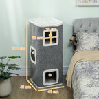 Tower with 3 Houses, 3 Balls and Perch, Made of Wood, Fabric and Plush, 41x41x100 cm, Grey and White