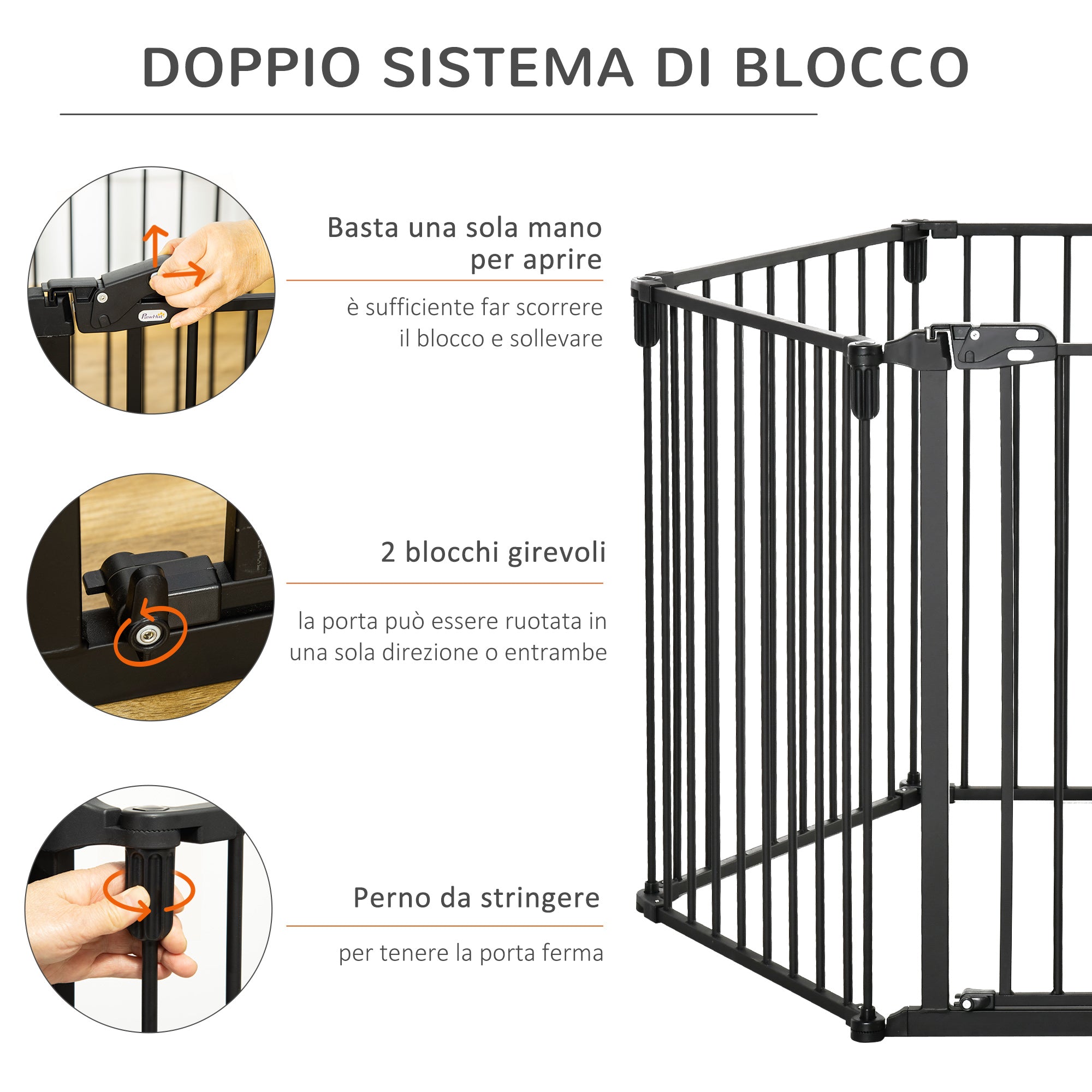 Folding Safety Gate 6 Sections, Steel Dog Barrier Gate, Automatic Locking and Closing System, Black - Borgè