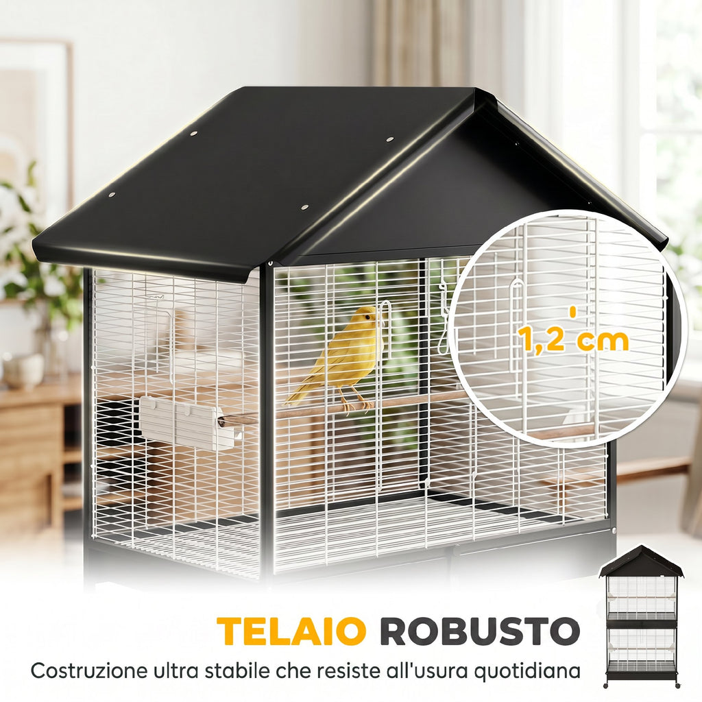 PawHut Large Bird Cage with Wheels, Removable Tray, Perches, Roof, Parrots, Canaries, Black