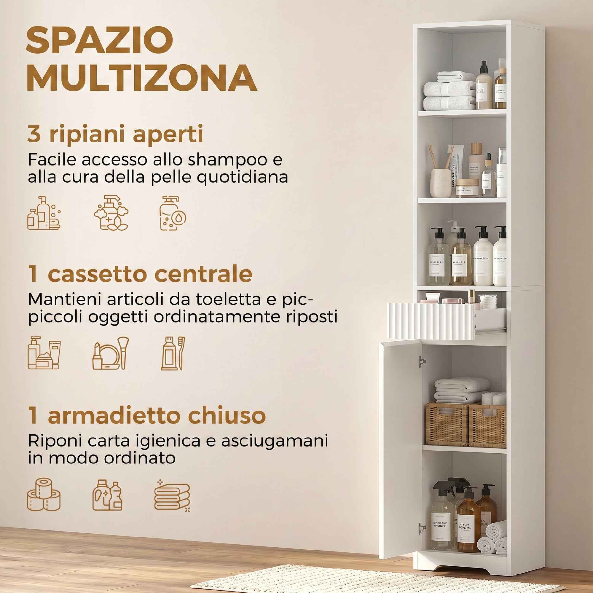 HOMCOM Tall Bathroom Cabinet, Freestanding Unit with Adjustable Shelf