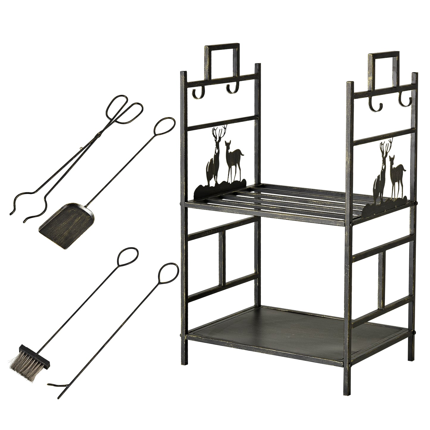 Wrought Iron Log Holder with Fireplace Tools, Handles and Raised Base, 51.5x33x77cm, Black