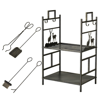 Wrought Iron Log Holder with Fireplace Tools, Handles and Raised Base, 51.5x33x77cm, Black