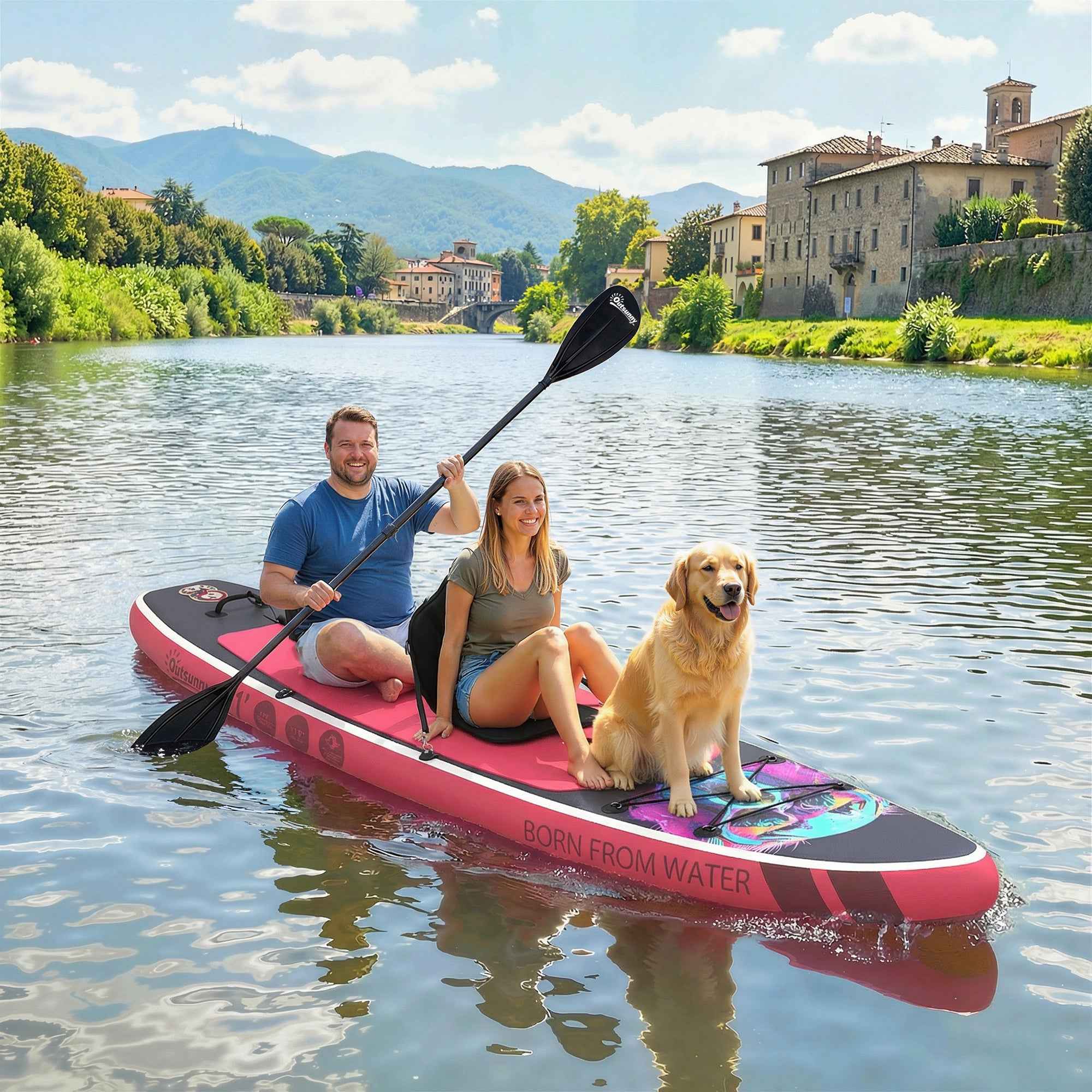 Outsunny Inflatable SUP with Seat, Paddle and Accessories, in Plastic and EVA, 335x82x15 cm, Blue and Pink