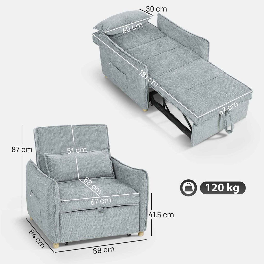 HOMCOM 3-in-1 Reclining Sofa Bed with Cushion, Chenille Upholstery, 88x84x87 cm, Grey