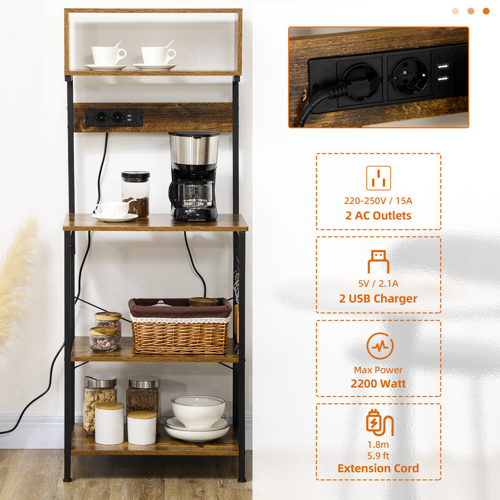 HOMCOM Kitchen Shelf with Power Strip, Shelves and Hooks Industrial Style, 60x42x153cm, Brown - Borgè