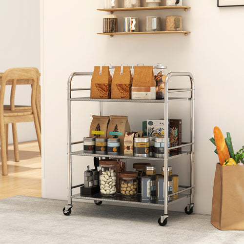4-Tier Utility Cart with Adjustable Center Shelf and Raised Edges, Stainless Steel, 60x35x77 cm