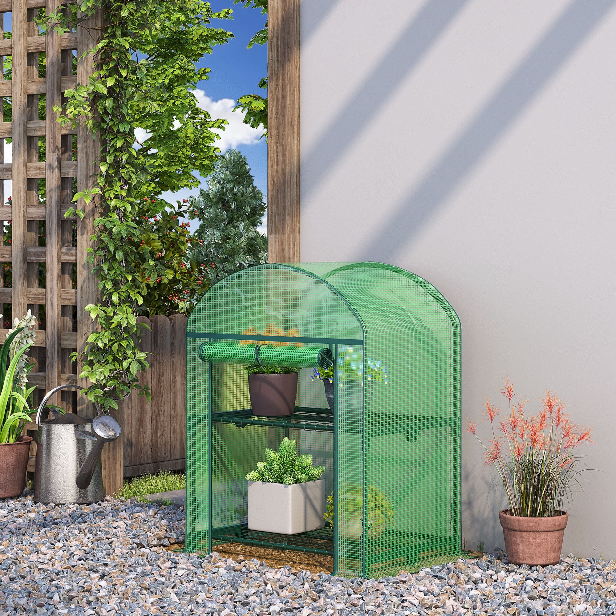 Outsunny Mini Garden Greenhouse with 2 Metal Shelves and PE Cover, 69x49x92cm, Green