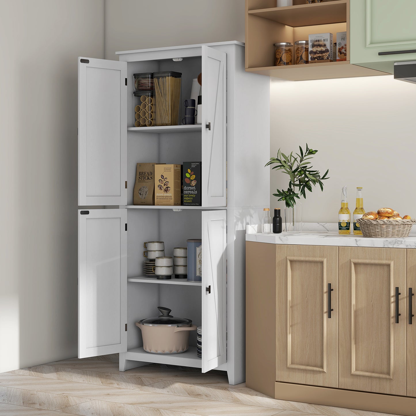 4-Door Kitchen Cabinet with Adjustable Shelves and Raised Wooden Base, 80x40x182cm, White